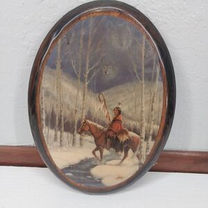Vintage Native American Artwork On Lacquered Wood 11 Inches Wall Art Home Decor